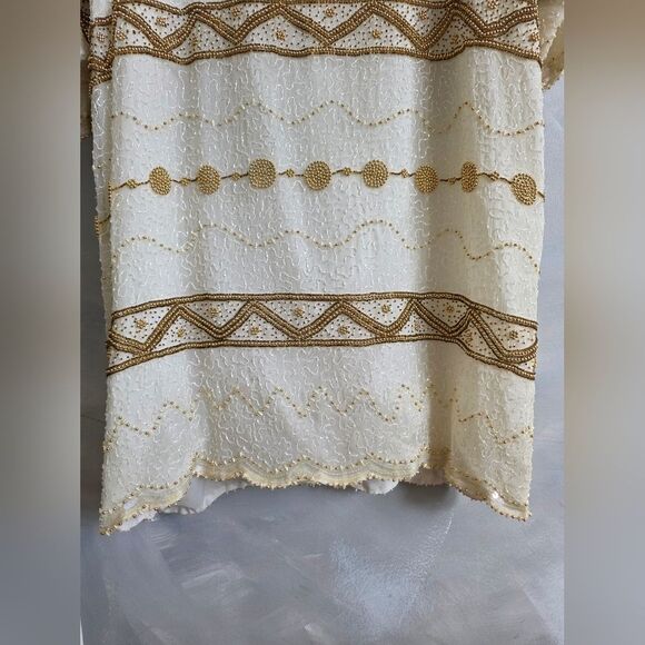 Flapper Style Gunit Cream & Gold Sequin Beaded Duster Kimono Jacket Vtg OS - Picture 4 of 15
